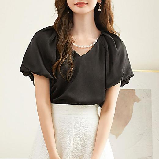 百姿 珍珠链蓬蓬袖雪纺衫女2023夏季新款V领气质短袖衬衫231193 商品图2