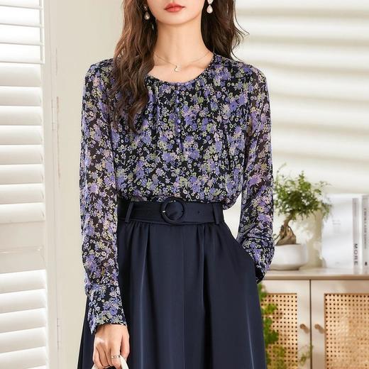 百姿 碎花雪纺衬衫女2023春季新款圆领套头都市时尚长袖雪纺衫 商品图0