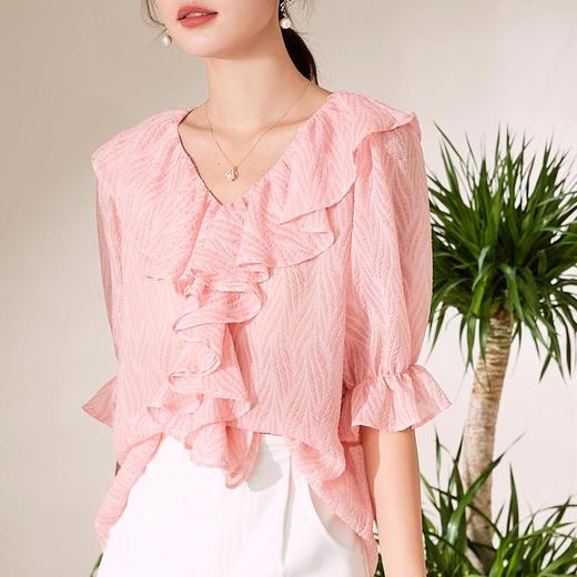 百姿 2023夏季新款品牌女装提花短袖雪纺衫气质荷叶边上衣女231148 商品图1