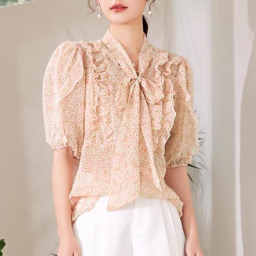百姿 荷叶边系带衬衫2023夏季新款甜美优雅直筒显瘦雪纺衬衣女 商品图3