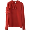 百姿2023春季新款露肩纯色上衣女装成熟风荷叶边长袖套头雪纺衬衫 商品缩略图4