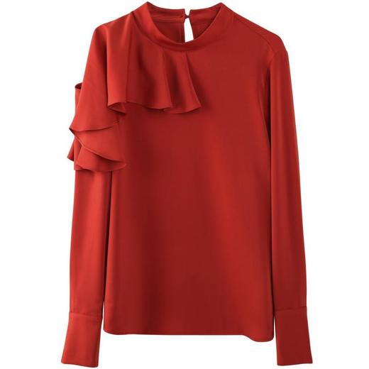 百姿2023春季新款露肩纯色上衣女装成熟风荷叶边长袖套头雪纺衬衫 商品图4