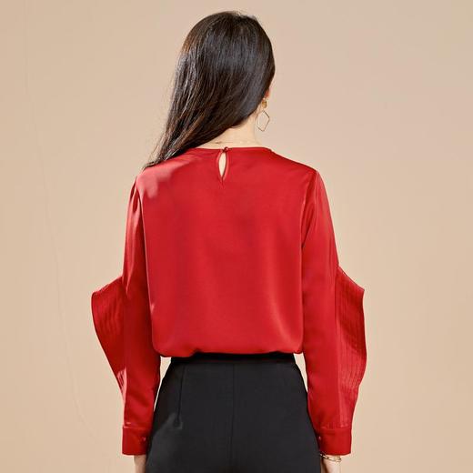 百姿 秋季新款韩版修身显瘦圆领套头红色梭织女士雪纺衫上衣 商品图3