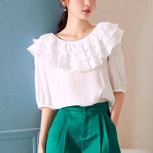 百姿 新款时尚荷叶边上衣气质露背短袖雪纺衫女231127 商品图3