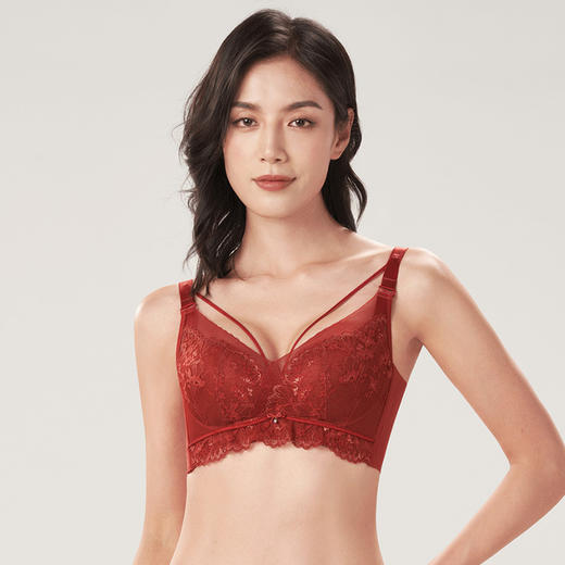 都市丽人舒软挺塑B杯适穿列维斯花边蕾丝调整型文胸中厚款3/4杯塑身文胸无钢圈内衣四排扣新年本命年红品LJ31H6 商品图1