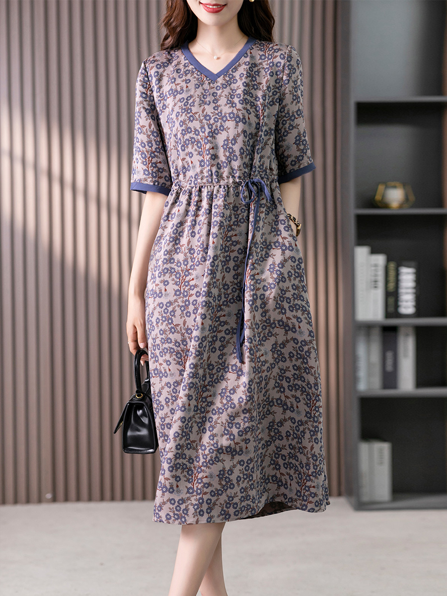 85885原形气质减龄印花连衣裙女夏季2024新款韩版收腰显瘦碎花长裙子