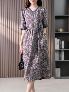85885原形气质减龄印花连衣裙女夏季2024新款韩版收腰显瘦碎花长裙子