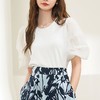 百姿 拼接雪纺短袖衬衫女2023夏季新款圆领简约气质棉小衫231173 商品缩略图3