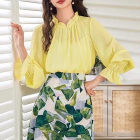 百姿 圆领木耳边长袖雪纺衬衫2023秋季新款喇叭袖褶皱衬衣231072