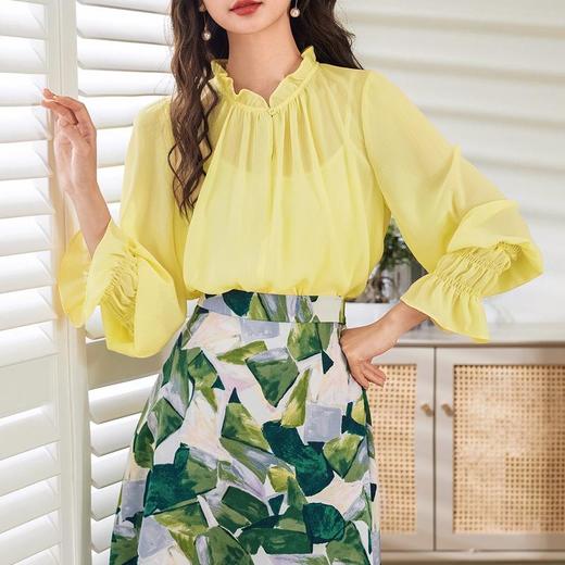 百姿 圆领木耳边长袖雪纺衬衫2023秋季新款喇叭袖褶皱衬衣231072 商品图0