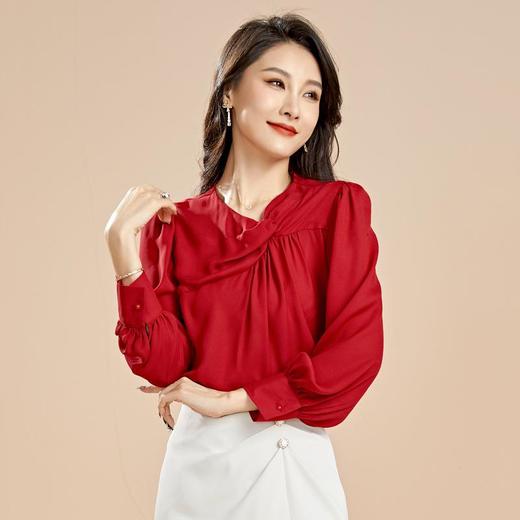 百姿 新款雪纺衫女韩版V领套头设计感宽松长袖衬衫女 商品图0