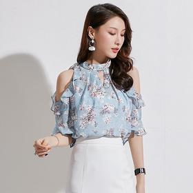 百姿 新款蓝色套头露肩雪纺衫印花衬衫荷叶边女装上衣