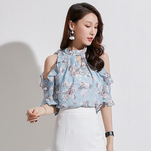 百姿 新款蓝色套头露肩雪纺衫印花衬衫荷叶边女装上衣 商品图0