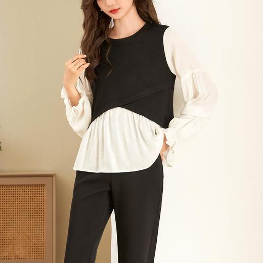 百姿 拼接喇叭袖衬衫女2023秋季新款圆领名媛风小众长袖羊毛衬衣 商品图2