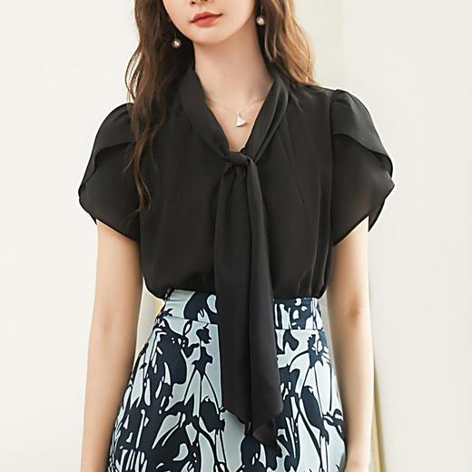 百姿 都市气质雪纺衫2023夏季新款系带V领花瓣袖薄款小衫女231172 商品图0