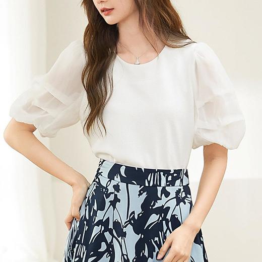 百姿 拼接雪纺短袖衬衫女2023夏季新款圆领简约气质棉小衫231173 商品图0