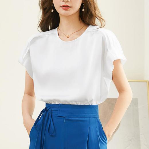 百姿 简约套头雪纺衫2023夏季新款休闲圆领百搭短袖T恤女231197 商品图0