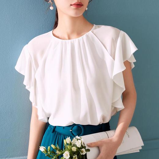 百姿 飞飞袖雪纺衫女2023韩版纯色名媛优雅直筒套头显瘦短袖上衣 商品图0