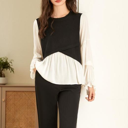 百姿 拼接喇叭袖衬衫女2023秋季新款圆领名媛风小众长袖羊毛衬衣 商品图3