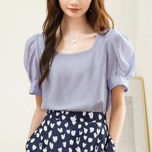 百姿 天丝U型领雪纺衫2023夏季新款泡泡袖轻薄防晒女士小衫223001 商品图3