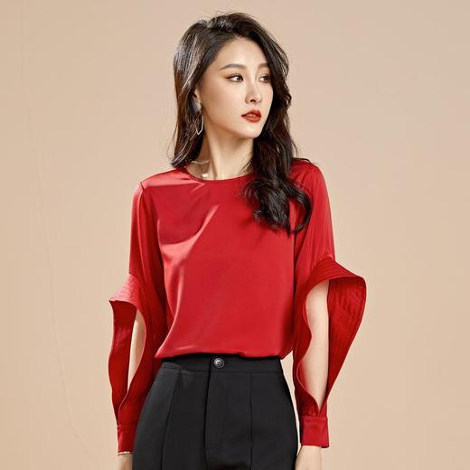 百姿 秋季新款韩版修身显瘦圆领套头红色梭织女士雪纺衫上衣 商品图2