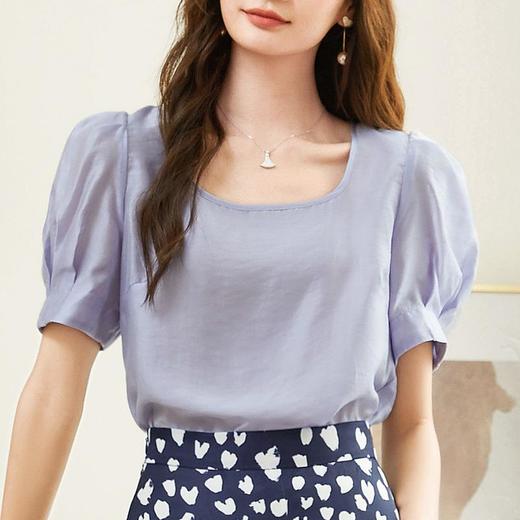 百姿 天丝U型领雪纺衫2023夏季新款泡泡袖轻薄防晒女士小衫223001 商品图0