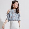 百姿 新款蓝色套头露肩雪纺衫印花衬衫荷叶边女装上衣 商品缩略图1