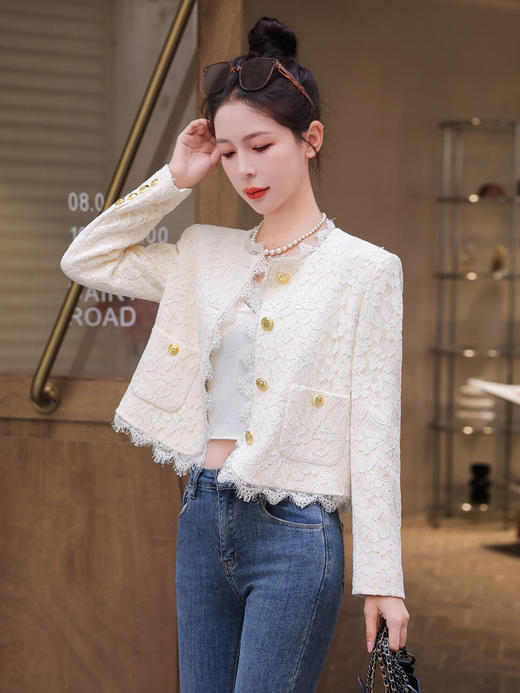 DD-气质拼接蕾丝短外套名媛优雅风修身显瘦单排扣开衫 商品图0