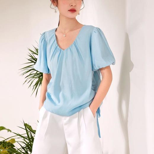 百姿 褶皱V领短袖雪纺衫女2023夏季新款韩版简约百搭女装上衣小衫 商品图4