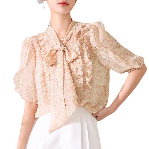 百姿 荷叶边系带衬衫2023夏季新款甜美优雅直筒显瘦雪纺衬衣女 商品图4