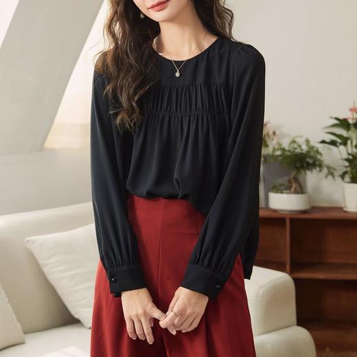 百姿 圆领褶皱雪纺衫2023秋季新款韩版纯色遮肉显瘦优雅长袖衬衫 商品图1