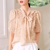 百姿 荷叶边系带衬衫2023夏季新款甜美优雅直筒显瘦雪纺衬衣女 商品缩略图0