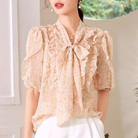 百姿 荷叶边系带衬衫2023夏季新款甜美优雅直筒显瘦雪纺衬衣女