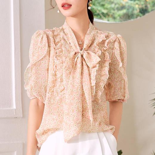百姿 荷叶边系带衬衫2023夏季新款甜美优雅直筒显瘦雪纺衬衣女 商品图0