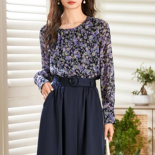 百姿 碎花雪纺衬衫女2023春季新款圆领套头都市时尚长袖雪纺衫 商品图3