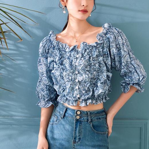 百姿 新款法式短款木耳边小衫甜美套头露脐时尚短袖衬衫 商品图3