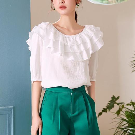 百姿 新款时尚荷叶边上衣气质露背短袖雪纺衫女231127 商品图1