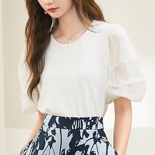 百姿 拼接雪纺短袖衬衫女2023夏季新款圆领简约气质棉小衫231173 商品图1