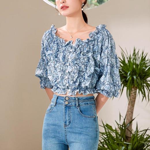 百姿 新款法式短款木耳边小衫甜美套头露脐时尚短袖衬衫 商品图1