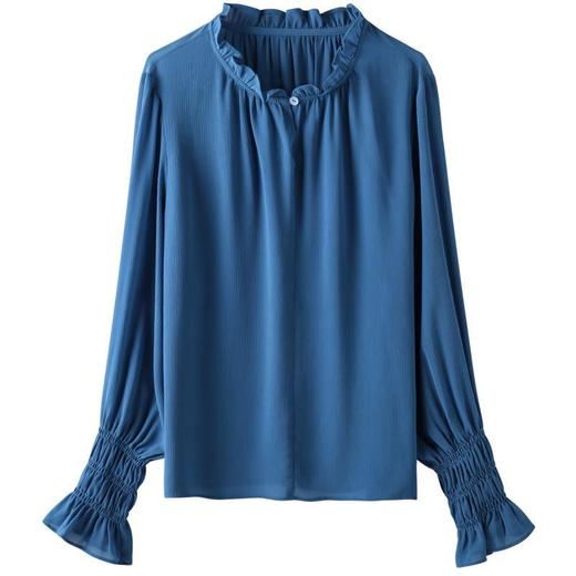 百姿 圆领木耳边长袖雪纺衬衫2023秋季新款喇叭袖褶皱衬衣231072 商品图4