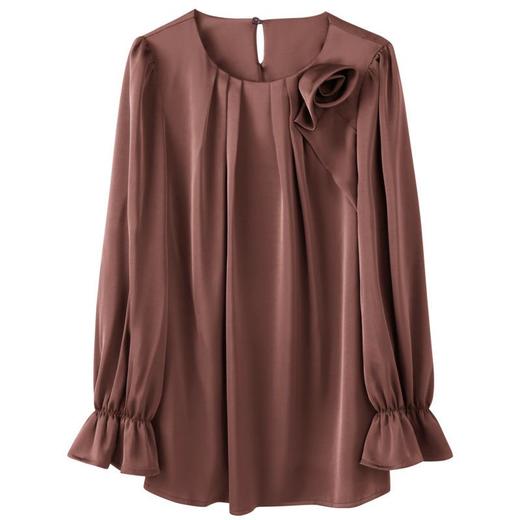 百姿 新款雪纺上衣长袖女圆领气质纯色立体玫瑰花雪纺衫 商品图4