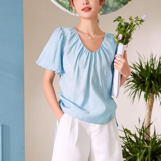 百姿 褶皱V领短袖雪纺衫女2023夏季新款韩版简约百搭女装上衣小衫 商品图2