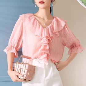 百姿 2023夏季新款品牌女装提花短袖雪纺衫气质荷叶边上衣女231148