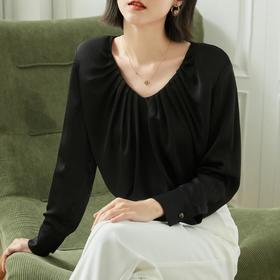 百姿 今年流行雪纺衫2022秋季新款V领洋气小衫褶皱衬衫长袖上衣女