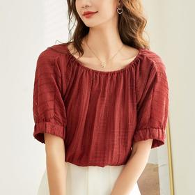 百姿 新款圆领褶皱雪纺衫褶皱显瘦气质短袖防晒上衣女