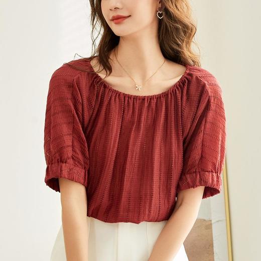百姿 新款圆领褶皱雪纺衫褶皱显瘦气质短袖防晒上衣女 商品图0