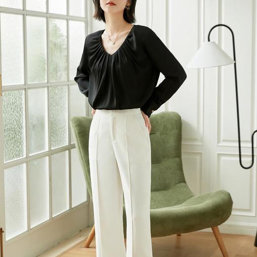 百姿 今年流行雪纺衫2022秋季新款V领洋气小衫褶皱衬衫长袖上衣女 商品图3