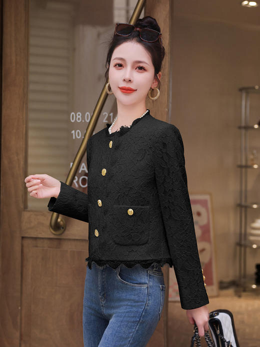 DD-气质拼接蕾丝短外套名媛优雅风修身显瘦单排扣开衫 商品图2