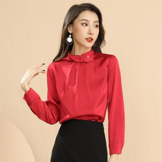 百姿 2023春季新款法式优雅立领套头红色梭织女士长袖雪纺衫上衣 商品图2