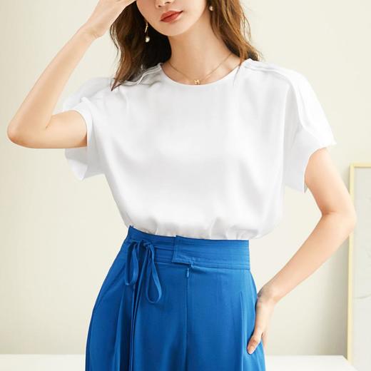 百姿 简约套头雪纺衫2023夏季新款休闲圆领百搭短袖T恤女231197 商品图3